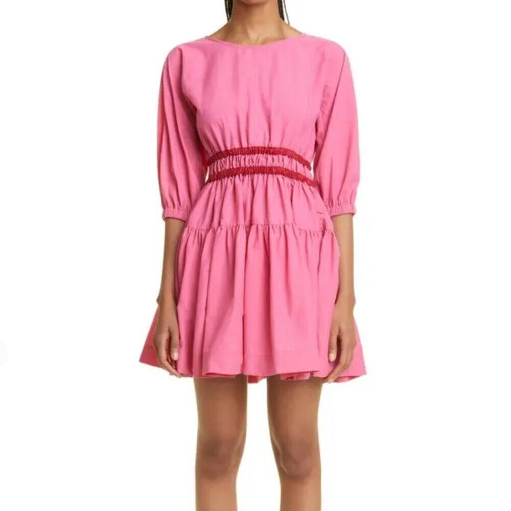 MOLLY‎ GODDARD Tiffany Shirred Puff Sleeve Mini Dress Pink Size 4
